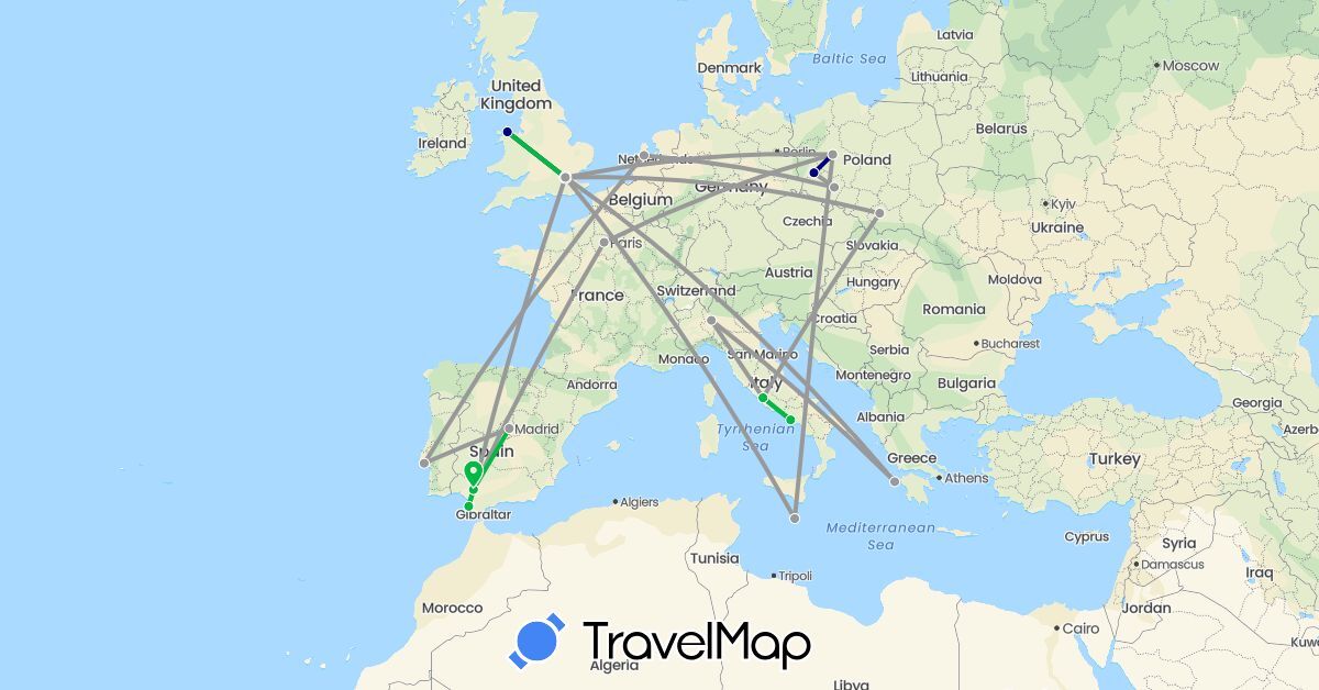 TravelMap itinerary: driving, bus, plane in Spain, France, United Kingdom, Greece, Italy, Malta, Netherlands, Poland, Portugal (Europe)