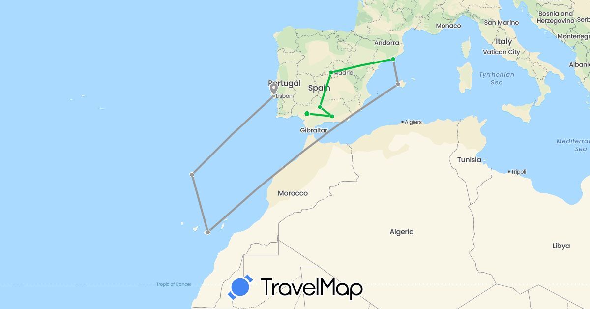 TravelMap itinerary: driving, bus, plane in Spain, Portugal (Europe)